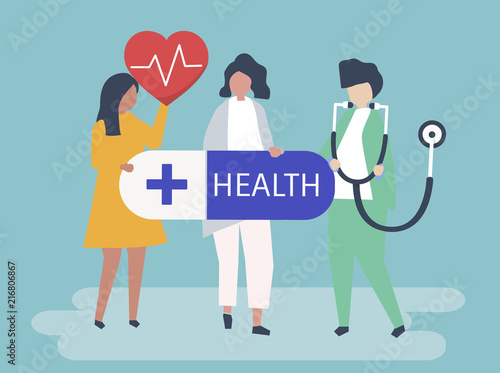 Characters of people holding healthcare icons illustration
