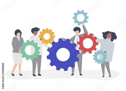 Characters of business people holding cogwheels illustration