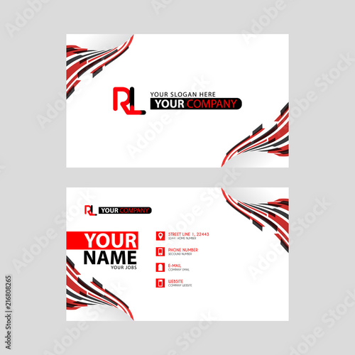 Logo RL design with a black and red business card with horizontal and modern design.