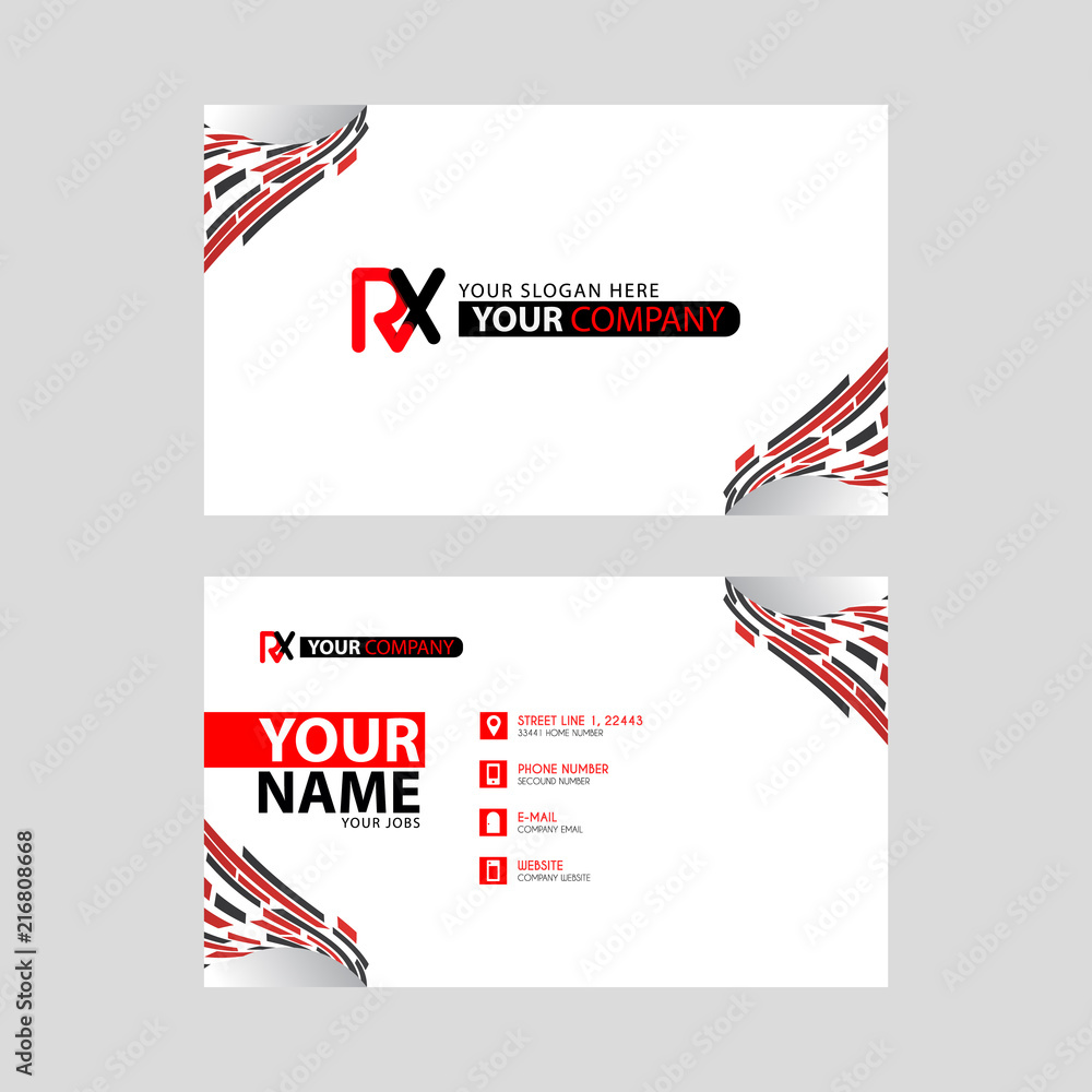 Logo RX design with a black and red business card with horizontal and modern design.