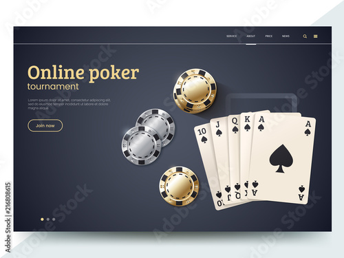 Online poker tournament landing page template. Playing cards with gold and silver chips. Vector illustration for internet casino. Modern web page interface design for gambling. Eps 10.