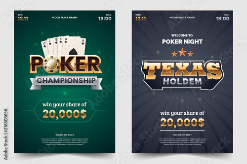 Casino poker tournament a4 flyer. Gold text with playing chips and cards. Texas hold'em championship. Poker party invitation template. Vector illustration. photo