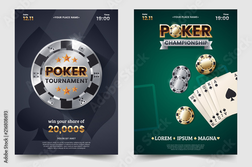 Casino poker tournament invatation design. Gold text with playing chip and cards. Poker party a4 flyer template. Applicable for promotion poster, banner. Vector illustration. photo