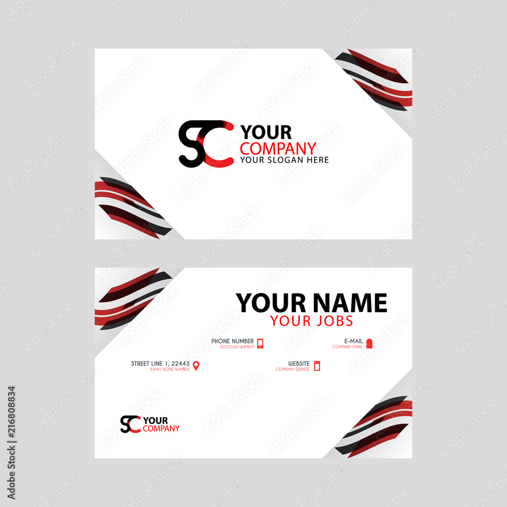 Horizontal name card with decorative accents on the edge and bonus SC logo in black and red.