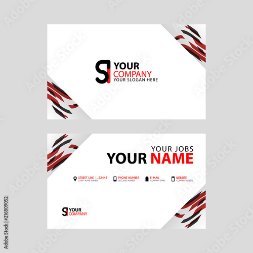 Horizontal name card with decorative accents on the edge and bonus SI logo in black and red.