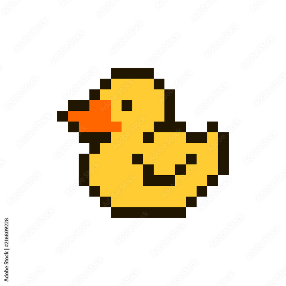 Vector pixel yellow duck isolated on white background. 80s-90s style design illustrations - great for stickers, embroidery, badges. Duck cartoon badge or logotype. Vector pixel yellow duck isolated on white background. 80s-90s style design illustrations - great for stickers, embroidery, badges. Duck cartoon badge or logotype.