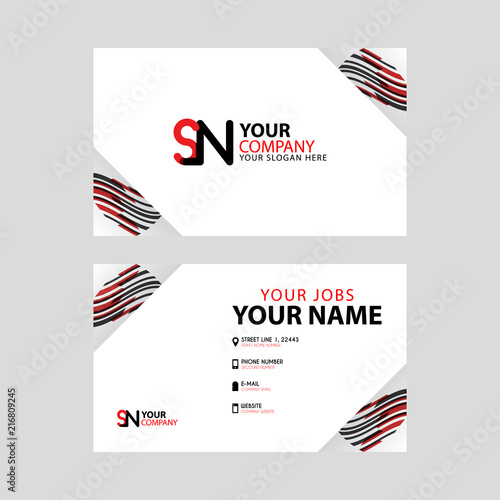 Horizontal name card with decorative accents on the edge and bonus SN logo in black and red.