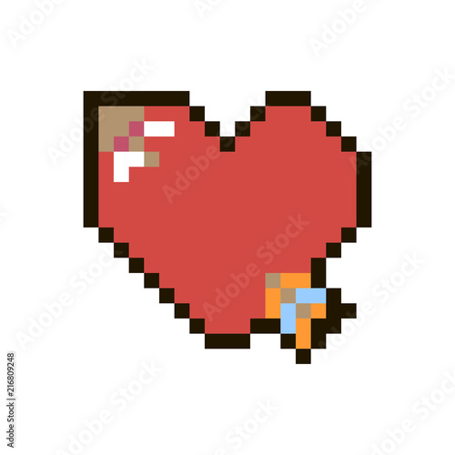 Vector pixel heart with arrow isolated on white background. 80s-90s style design illustrations - great for stickers, embroidery, badges. Heart cartoon badge or logotype.