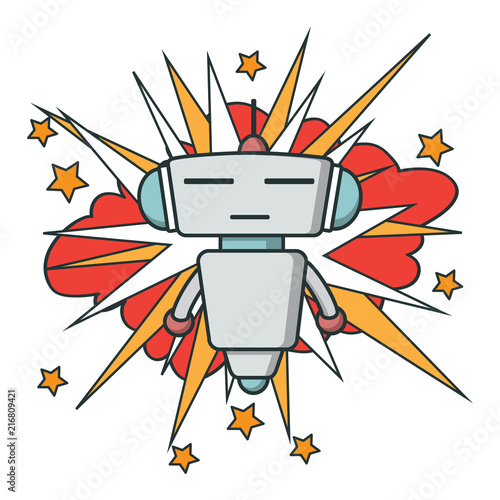 Bot icon on explosion background. Chatbot icon. Cute Outline robot. Vector flat line cartoon illustration isolated on white background. Voice support service bot. Virtual online support.