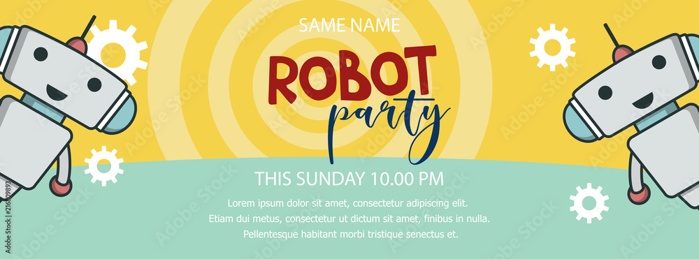 Robot party promo banner with cute robots on yellow background. Vector illustration in flat style.