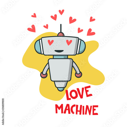 Cute robot in love with hearts and sing love machine for postcard, poster, prints. Fun Valentine s day vector illustration. photo