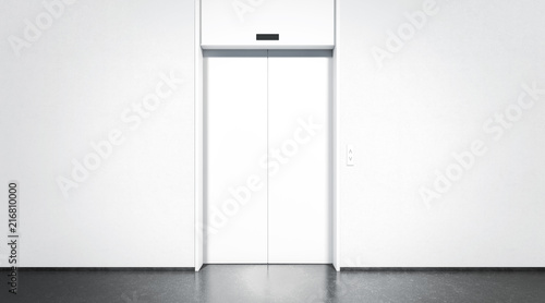 Blank white closed elevator in office floor interior mock up, front view, 3d rendering. Empty lift with buttons near concrete wall mockup. Concept of business center or hotel lifting template