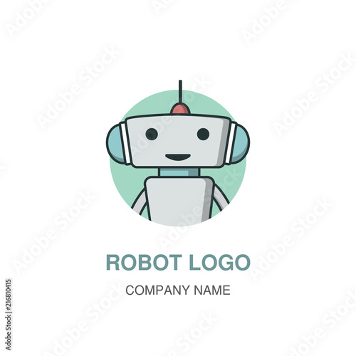 Bot or Chatbot logotype. Cute Outline robot for kids project. Vector flat line cartoon illustration isolated on white background. Voice support service bot. Virtual online support.