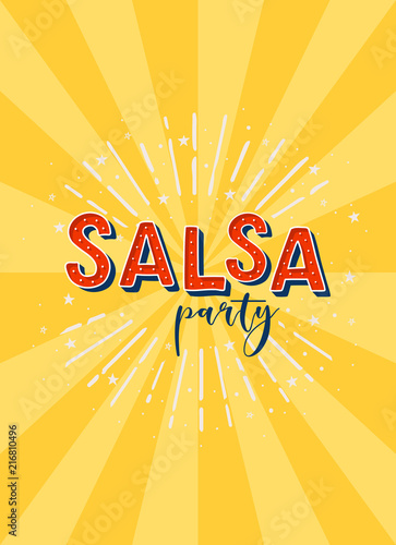 Salsa party vector logotype. Yellow rays background.  Poster for dance party, cards, banners, t-shirts, dance studio. 