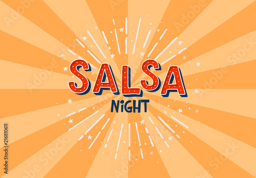 Salsa night vector logotype. Orange rays background. Poster for dance party, cards, banners, t-shirts, dance studio.