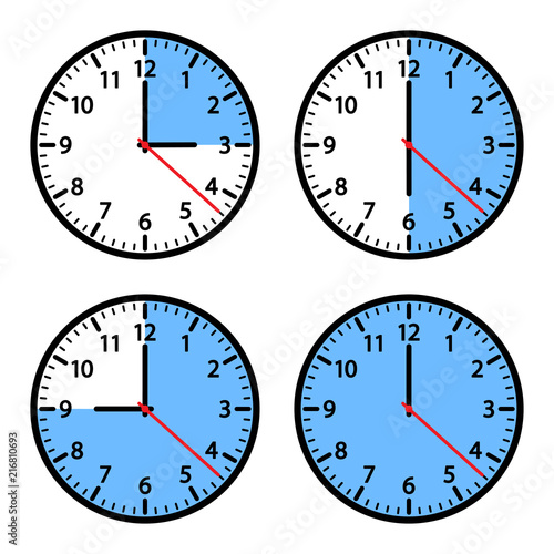 Set of clock icons showing different time. Blue and black colors. Vector illustration