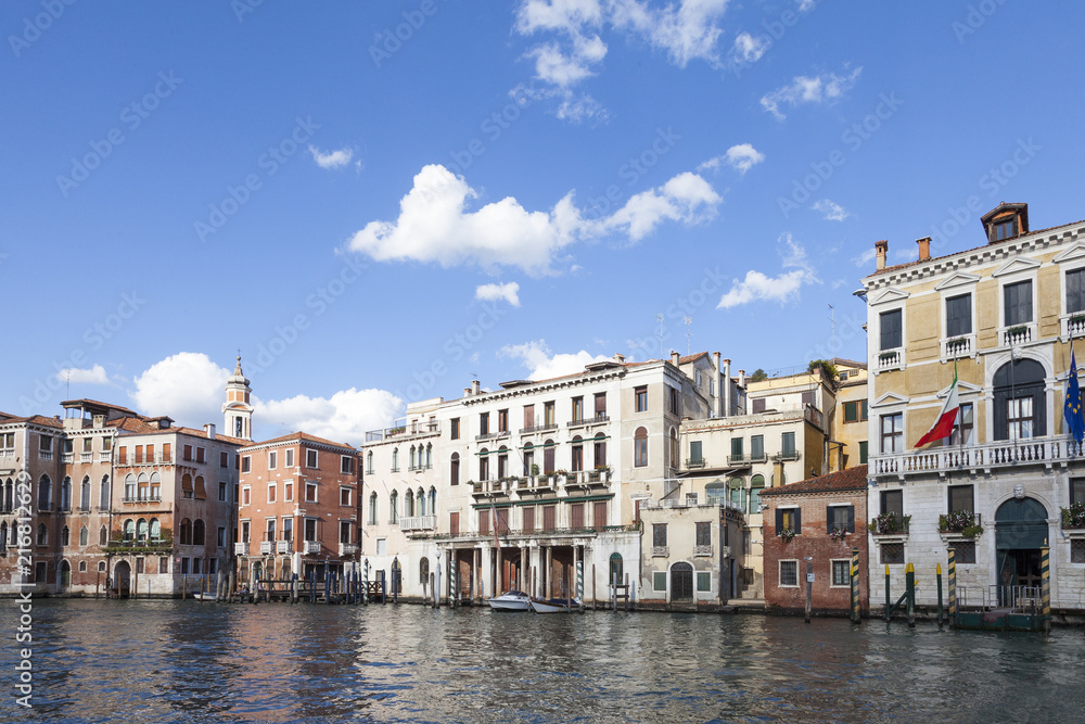 Dusk on the Grand Canal, Cannaregio, Venice, Veneto,  Italy with historical Venetian palaces, palazzos
