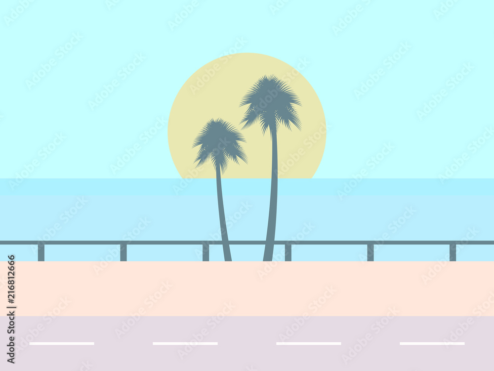 Road on the background of the beach, the sun with palm trees, tropical landscape. Highway along the ocean. Vector illustration