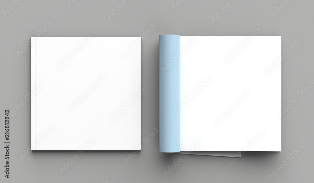Square magazine, brochure or catalog mock up isolated right page on gray background. 3d illustration Square magazine, brochure or catalog mock up isolated right page on gray background. 3d illustration
