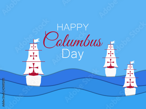 Columbus Day, the discoverer of America. Paper cut 3D waves. Vector illustration