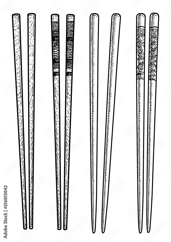Food chopsticks set illustration, drawing, engraving, ink, line art