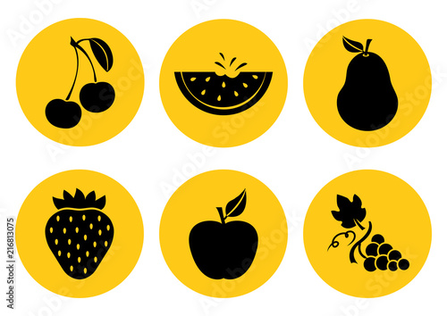 Set of fruit icons. Black silhouette on bright yellow background. Vector illustration