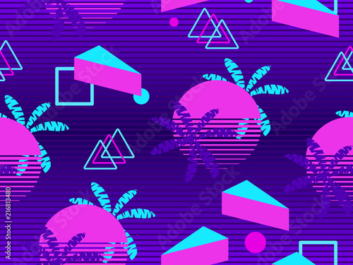 Memphis seamless pattern with palm tree. Geometric elements memphis in the style of 80s. Synthwave futuristic background. Retrowave. Vector illustration