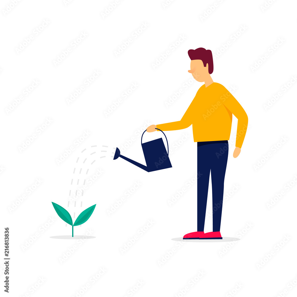 Man watering a plant, business growth, gardener. Flat style vector illustration.