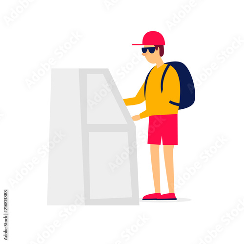 Guy withdraws money from the ATM. Flat style vector illustration.