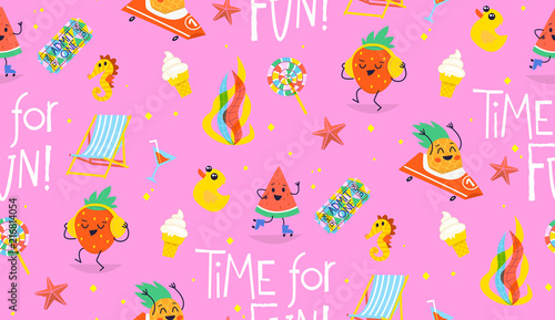 Colorful summer pattern with cute characters having fun in relaxing situations