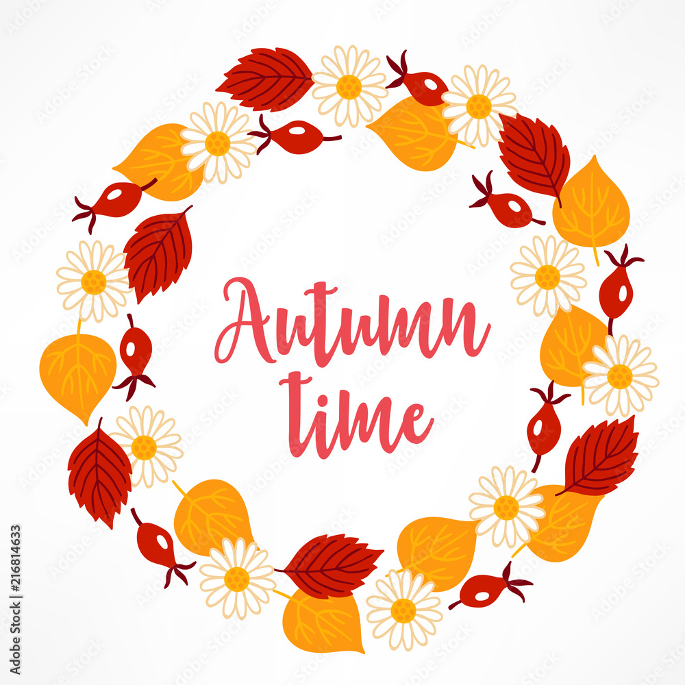 Autumn wreath with chamomile, leaves, briar on white background Autumn wreath with chamomile, leaves, briar on white background