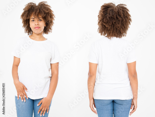 Shirts set. Summer t shirt design and close up of young afro american woman in blank template white t-shirt. Mock up. Copy space. Curly hair. front and back view.