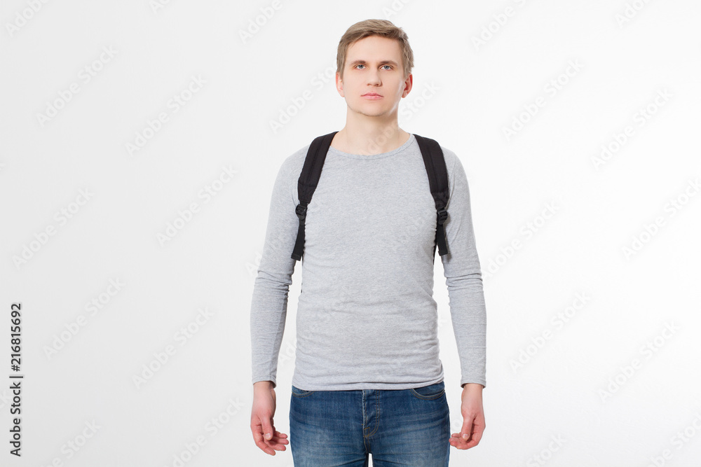 Front view. Young man wearing blank t-shirt and backpack isolated on ...