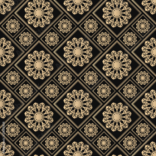 Seamless pattern oriental ornament. Black and golden textile print. Islamic vector design. Floral tiles.