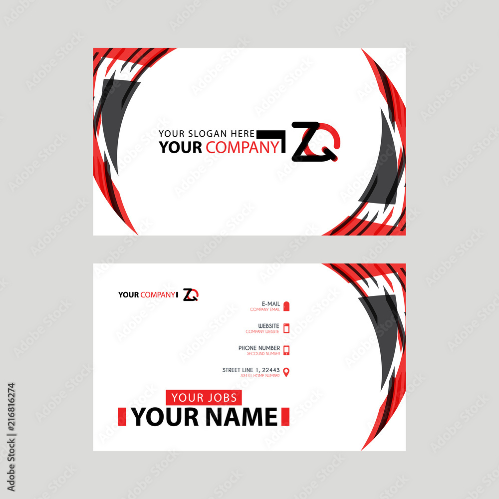 Modern business card templates, with ZQ logo Letter and horizontal design and red and black colors.