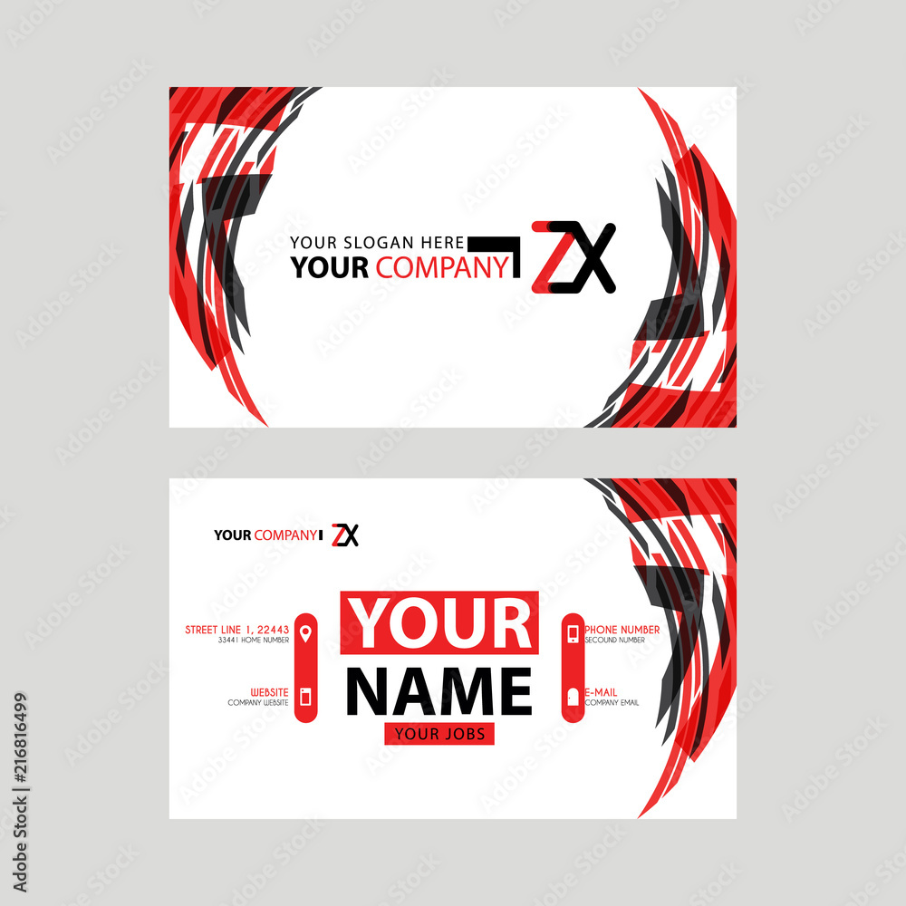 Modern business card templates, with ZX logo Letter and horizontal design and red and black colors.
