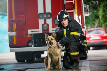 Photo of one fireman squatting next to service dog near fire engine
