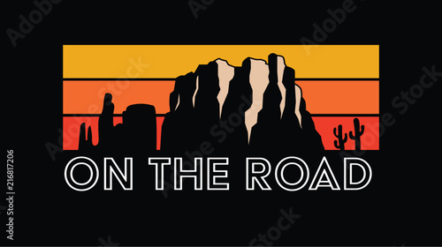 On the road, road trip, slogan, typography, tee shirt graphic, printed design.