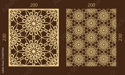 Laser cutting set. Woodcut vector panel. Plywood lasercut eastern design. Hexagonal seamless pattern for printing, engraving, paper cutting. Stencil ornament.