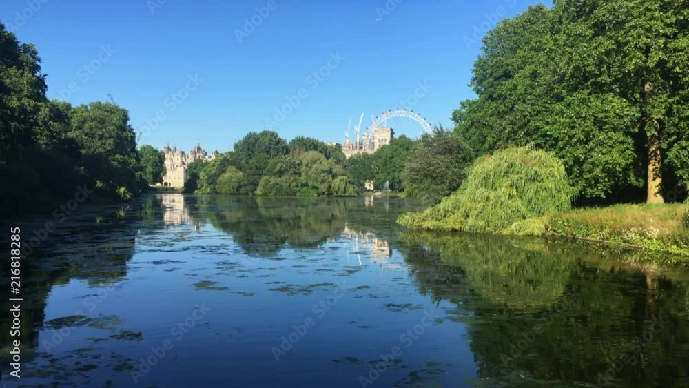 Still shot across St James’s Park Lake of London Eye and Horse Guards Building Still shot across St James’s Park Lake of London Eye and Horse Guards Building