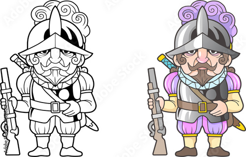 cartoon Spanish warrior, funny illustration, coloring book