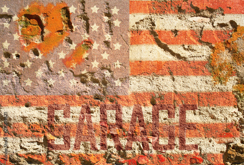faded grungy american flag garage sign on old sandstone wall, fictional design