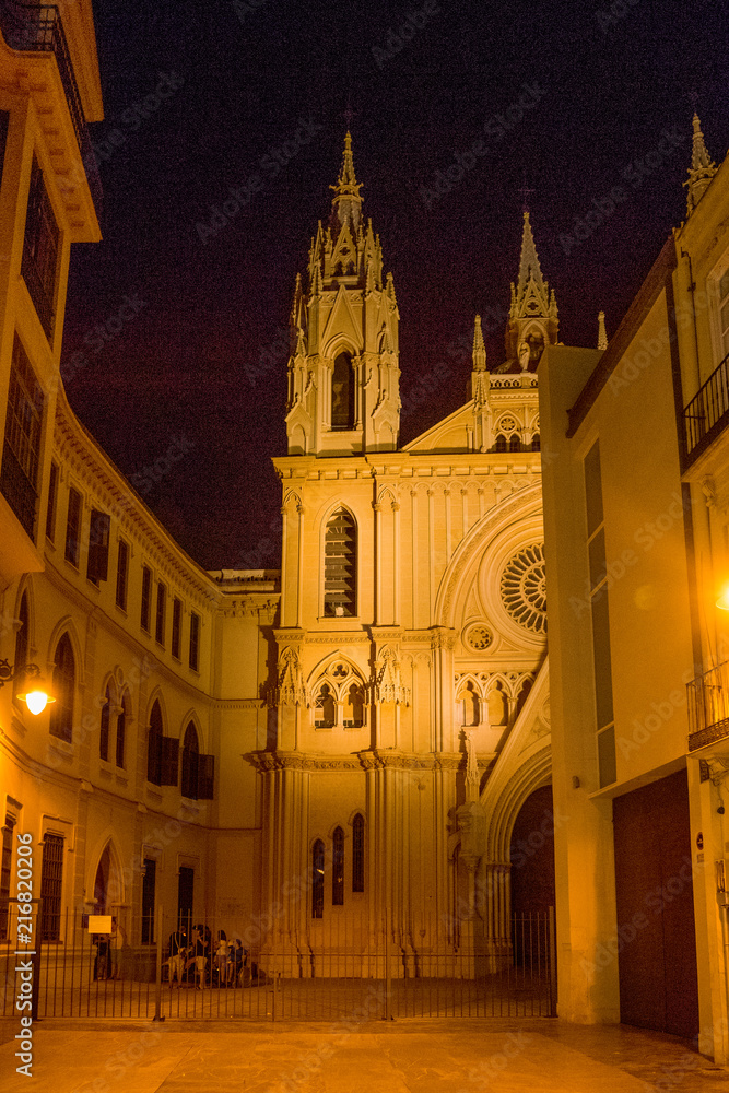 Spain, Malaga, Church of the Sacred Heart lit up at night