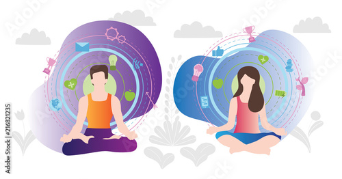 Relaxation techniques vector illustration. Human couple sitting in yoga lotos position and enjoy calm, balance, harmony and peace. Alternative medicine for vitality.