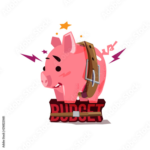 piggy bank tight with belt stand up on "Budget" text . tight budget concept - vector