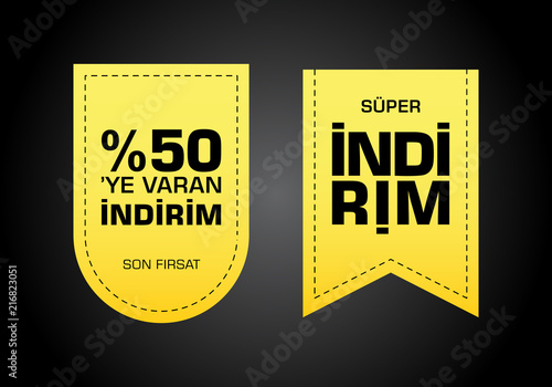 Indirim etiketleri yazilari. Translation from turkish: Sale offer badges. Red promo seals/stickers. Isolated vector illustration