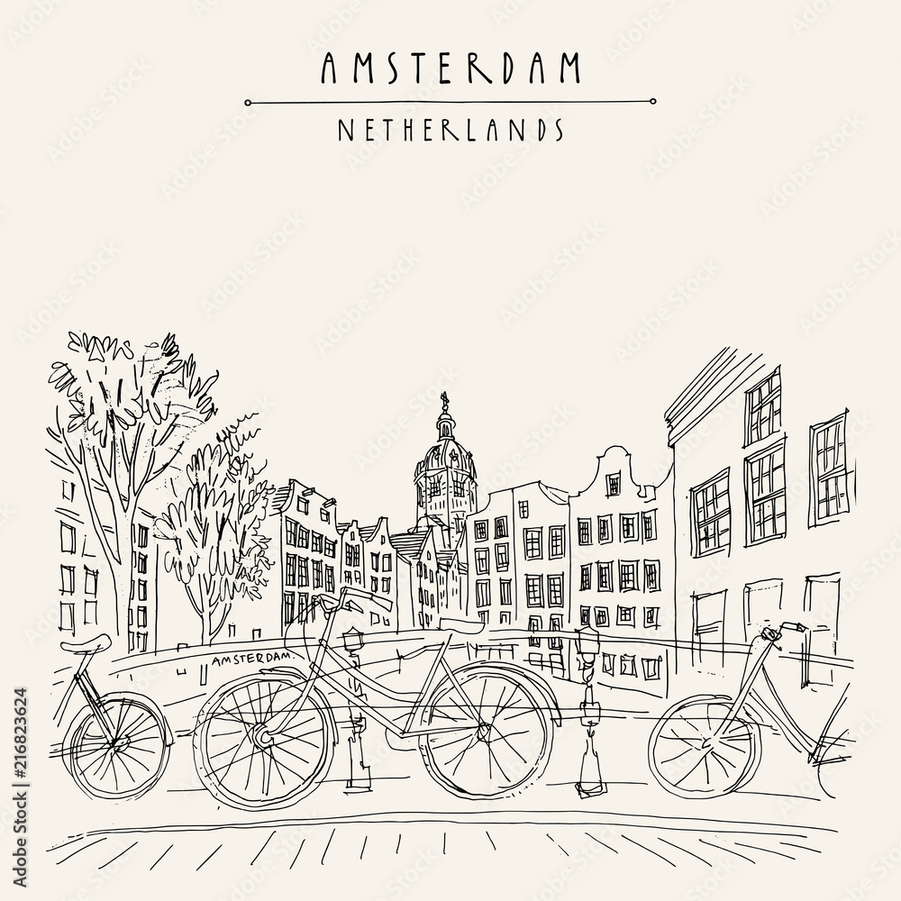 Fototapeta premium Amsterdam, Holandia, Holandia - pocztówka vintage wyciągnąć rękę