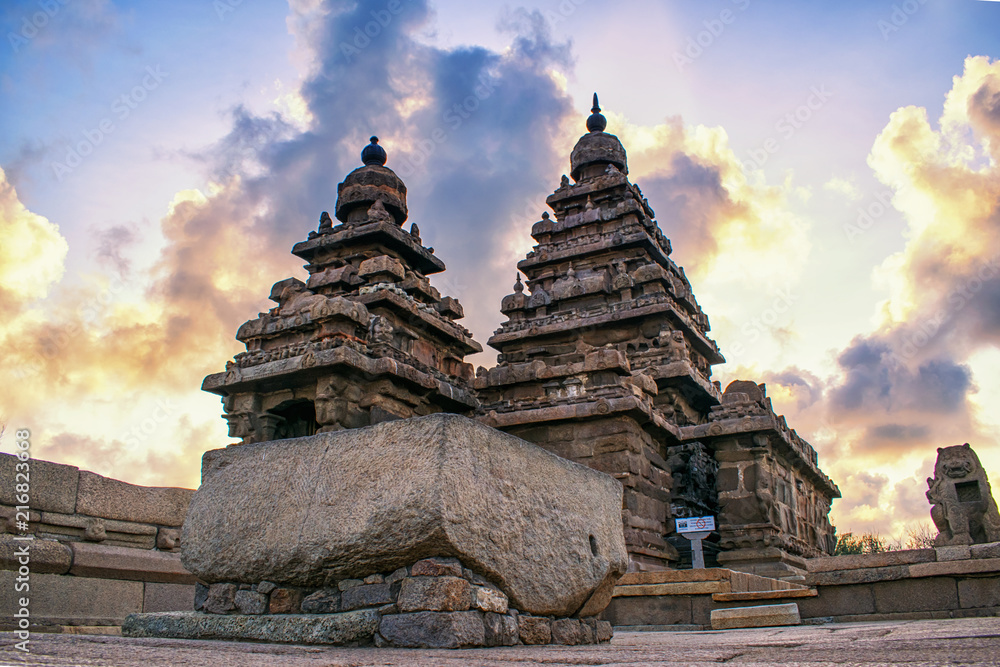 Photo shot on sunrise time where the historical buildings of Mamallapuram monuments are highlighted. Photo shot on sunrise time where the historical buildings of Mamallapuram monuments are highlighted.
