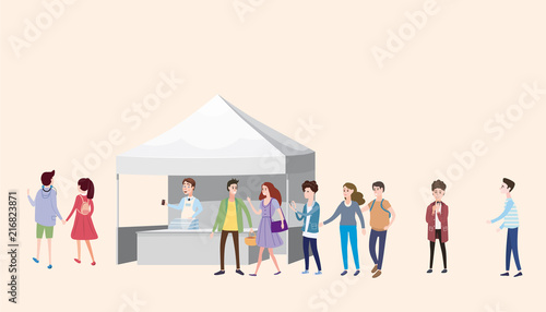 Trade tent, ice cream counter, seller under a canopy, selling ice cream, drinks, corn, fast food, sweets. People, sellers and buyers. Urban scene. Vector illustration in cartoon style. ,