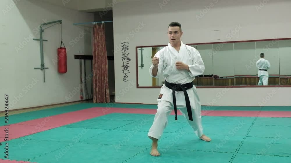Young man with muscled body, training martial arts Goju-Ryu Karate-Do super slow motion Young man with muscled body, training martial arts Goju-Ryu Karate-Do super slow motion